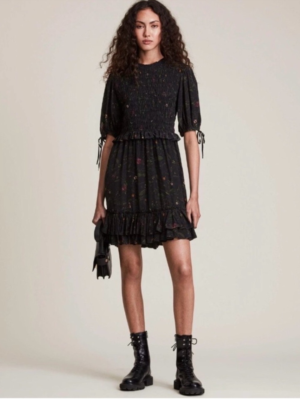 AllSaints Jaya Heligan Dress Black Floral Smocked Top 8
